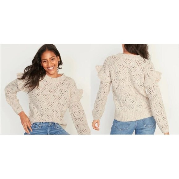 Old Navy Ruffle-Trim Pointelle-Knit Sweater Plus Size 3X Cream Oatmeal 742590 - Picture 2 of 12